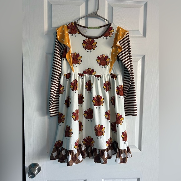 Kids Turkey Print Dress with Striped Sleeves - Picture 1 of 4